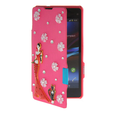 

MOONCASE Rhinestone Crystal Ultre Slim Leather Side Flip Wallet Back ЧЕХОЛ ДЛЯ Sony Xperia Z1 Compact (Mini) Hot pink