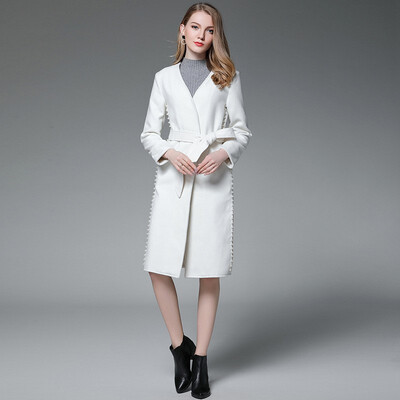 

QUZIHUA 2018 Early Spring Double-sided Cashmere Long Beaded Coat Female Elegant Wool Coat