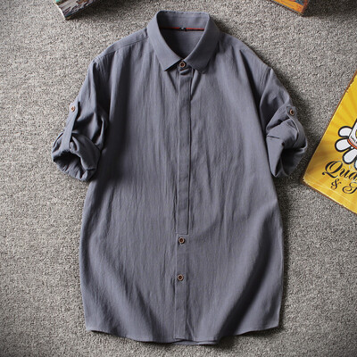 

Summer men&39s seven-point sleeve shirt Korean version slim fit casual seven-point sleeve shirt cotton&hemp half-sleeve and