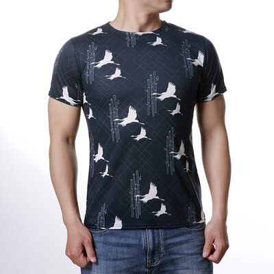 

Mens O-neck Tops Wild Goose Bamboo Print Pullover T-Shirts