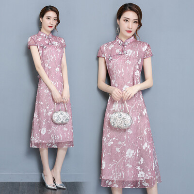 

2018 летний новый стиль воротник с короткими рукавами cheongsam ретро длинный шов печатных шелковых платье