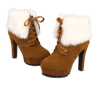 

Women Winter suede Shoes Stiletto Faux Fur Mid Calf Platform Boot Warm High Heel