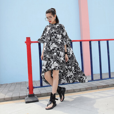 

2018 New Fashion Plus Size Half Sleeve Stand Collar Cotton&Linen Beach Dresses Summer Asymmetrical Dress