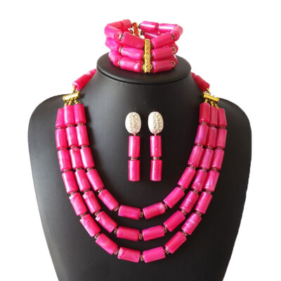 

3 Rows Pink Imitation Coral Nigerian Wedding Beads Jewelry Set Bridal Jewelry African Costume Jewelry Set for Women