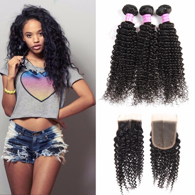 

Brazilian Virgin Human Hair Kinky Curly Bundles with Lace Closure 4x4 Middle Part 100 Unprocessed Hair Weave Bundles with Closure