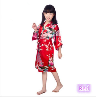 

Child Peacock Cardigan Children dressing gown Summer thin embroidered silk Homewear Japanese style cardigan gown Girls print Peac