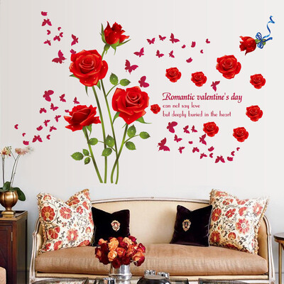 

Red Rose Flower Butterfly Wall Sticker TV Background Stickers Wall Art Home Decor Wall Decal