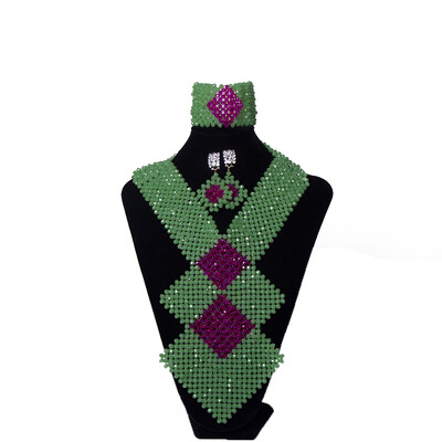

AMYNOVA Green Scarf Style African Jewelry Set Handmade Beaded Necklace Nigerian Wedding Beads Bride Costume Jewelry Set