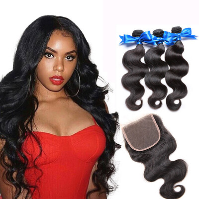 

WYF Indian Vigin Hair Body Wave 3 Bundles with Closure 100 Unprocessed Human Body Hair