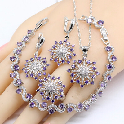 

2018 New Purple Amethyst 925 Silver Bridal Jewelry Sets For Women Earrings Bracelet Rings Necklace Pendant