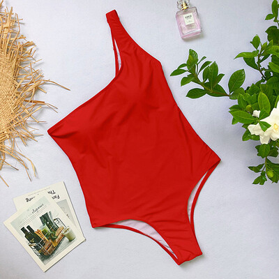 

Womens Solid One Shoulder Bikini Stripe Print Thong Swim Wear One Piece Beachwear Sexy Vintage Maillot De Bain Femme