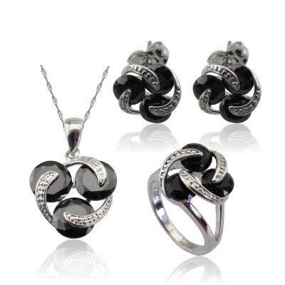 

Fashion Black Stone Silver Plated Ring for Women Necklace Pendant Choker Earrings Ring Free Jewelry Box