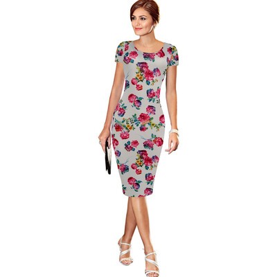 

2018 Summer Elegant Women Cocktail Party Short Sleeve Floral Dresses Knee-length Slimming Sheath Pencil Dress Bodycon