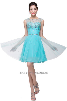 

A-line Sleeveless Crew Short Tulle Prom Dresses 2018 with Crystal Beads