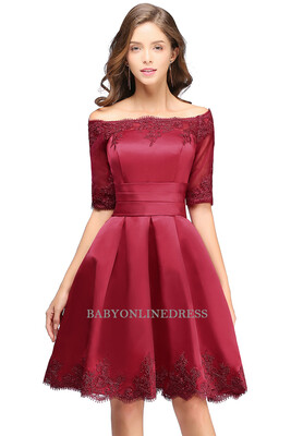 

A-line Off-shoulder Half Sleeves Short Lace Appliques Prom Dresses