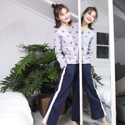 

Haizhining 17W37 pajamas ladies spring&autumn bear head cartoon cute home clothes two-piece long-sleeved trousers home service suit gray 165