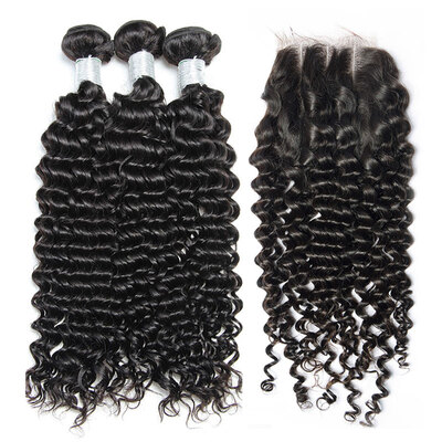 

8A Peruvian Curly Virgin Hair With Closure 4Pcs Lot 100 Peruvian Remy Human Hair Weaves 3 Bundles And Lace Closures Natural Black