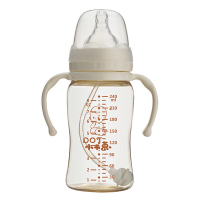 

Small Dot DOT anti-flatulence easy to absorb PPSU gold wide mouth bottle handle silicone straw bottle 240ml white