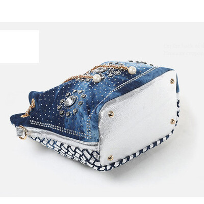 

New brand bucket bag women diamond rhinestone clutches denim bags women knitting shoulder messenger bags gold chain handbag