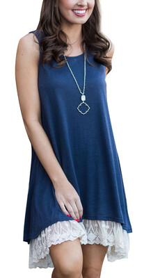 

Dresses Casual Women Ladies Sleeveless Swing Holiday Beach Summer Dress Womens Round Neck Casual Lace Patchwork Loose T Shirt