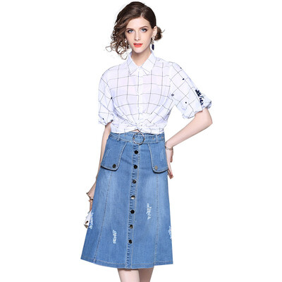 

2018 New Style Plaid Elastic Waist Lantern Sleeve T-shirt Midi Single Breasted Denim Skirt Two Piece Sets Women Summer