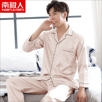 

Antarctic Nanjiren pajamas mens long-sleeved spinning spring&summer large size middle-aged mens pajamas ice silk thin section youth home service suit male silver gray