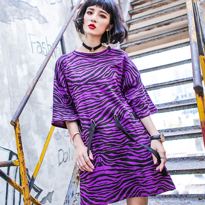

2018 New Loose O-neck Short-sleeved Belt Zebra Pattern Embroidery Cotton Dress Women