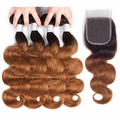 

HCDIVA Pre-Colored Ombre Bundles With Closure Virgin Brazilian Body 4 Bundles With Closure T1B 30 Dark Roots Chestnut Brown Human