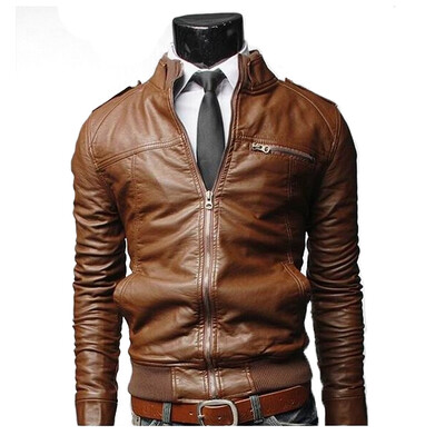 

Zogaa Men's Leather Clothing Fashion Short Slim Stand Callar Casual Washing