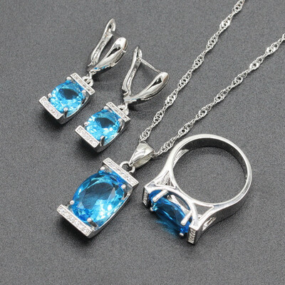 

Multicolor Stone Silver Plated Jewelry Sets for Women Necklace Dangle Earrings Ring Four Colors Available Free Jewelry Box