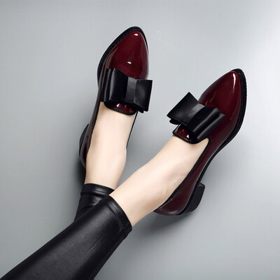 

Patent Leather Fashion Penny Loafers for Women Low Heel Slip-On Casual Shoes Pointed Toe Bowtie Decoration