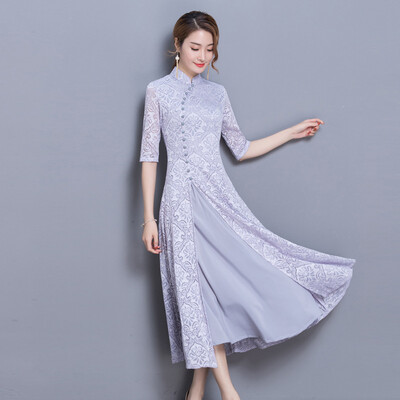 

2018 весной и летом новый Cheongsam длинные кружева cheongsam ретро строчки кружево платье