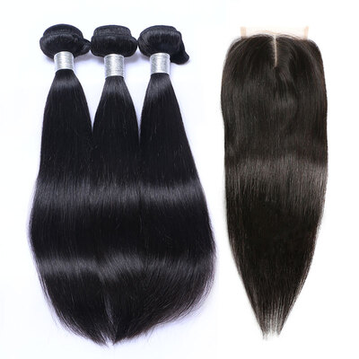 

8A Brazilian Virgin Hair Straight With Closure 3 Bundles Brazilian Remy Human Hair Weaves And Lace Closure 4 Pcs Lot Natural Black