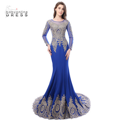Crystals Beaded Lace Mermaid Prom Dress | Appliques Long Sleeves Evening Gown