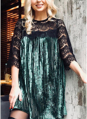 

Sexy Women Lace Crushed Velvet Mini Dress Hot Lace Splicing Half Sleeve Evening Party Cocktail Shift Dress