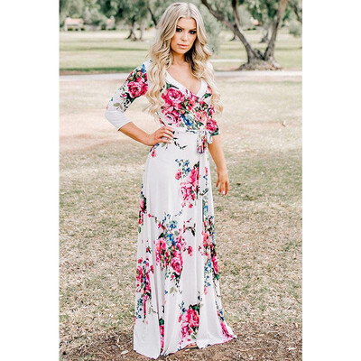 

2018 Summer Dress Sexy Deep V Neck Beach Casual Tunic Femme Vestidos Half Sleeve Boho Floral Printed Women Long Maxi Dresses