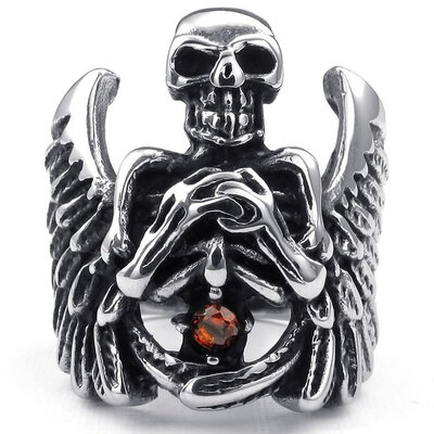 

Hpolw Mens silver&black Stainless Steel skullskeleton crystal Ring&Gothic Angel Wing Feather Skull rubies ring