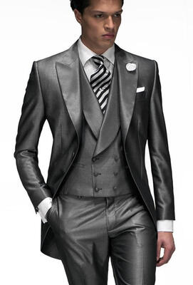 

Peak Lapel Best Man Suit Shiny Grey Groomsman Mens WeddingProm 3 Piece Suits