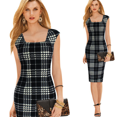 

2016 New Sale Womens Elegant Tartan Square Neck Tunic Wear To Work Business Casual Party Stretch Pencil Sheath Dress