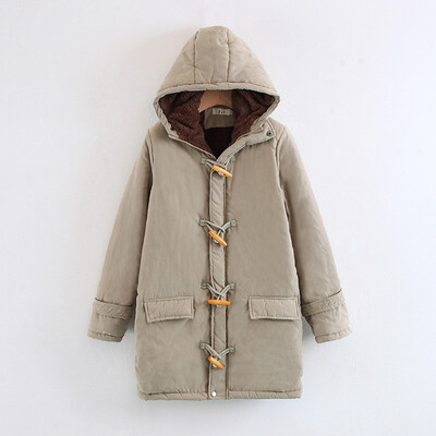 

2018 New Arrival Horn Button Lambskin Long Womens Cotton Coat Large Size Casual Slim Hooded Coat Outerwear Parka