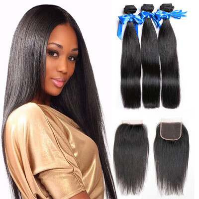 

WYF Indian Virgin Hair Stright Hair 3 Bundles with Closure 100 Unprocessed Human Hair