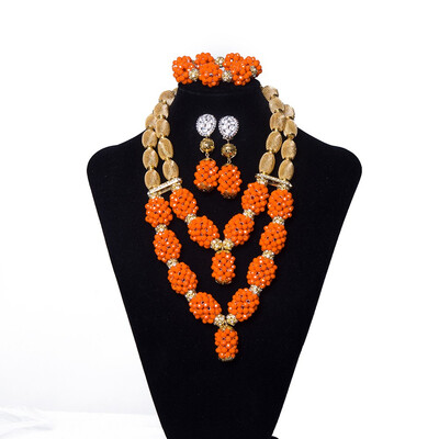 

Handmade Dubai Golden And Orange Jewelry Set African Bridal Costume Necklace Nigerian Wedding Jewellery Set For Women