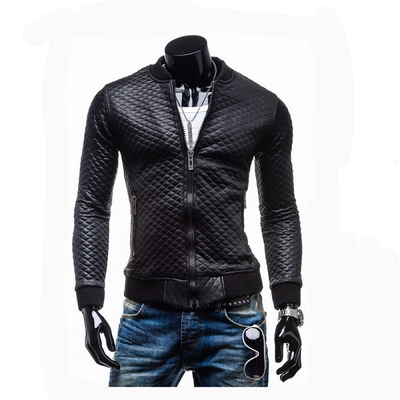 

Zogaa Mens Leather Clothing Short Slim Grid Thick Casual Stand Callar Washing