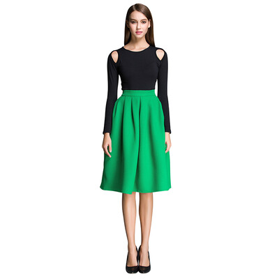 

POPBASIC Women's High Elastic Waist Flare Pleated A-line Midi Skirt