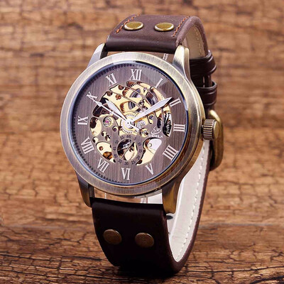 

Top Brand Mechanical Watches Male Fashion Retro Bronze Skeleton Automatic Mechanical Watch Leather Wristwatch Reloj Hombre