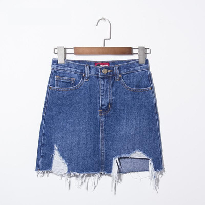 

Tissbely Ripped Denim Mini Skirt Women High Waist irregular Hole A Line Black&Blue Sexy Casual for Female Cowboy Skirts