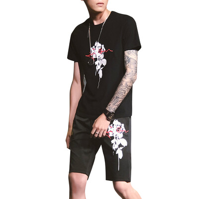 

Damaizhang Men T-shirt With Short Pants Cotton Printed Hip Pop Shirt Summer Cotton Casual Tee Breathable Trousers