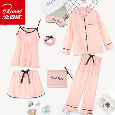 

Arctic velvet pajamas womens seven-piece set of four seasons long-sleeved shorts sexy sling cotton home service suit solid color rural M