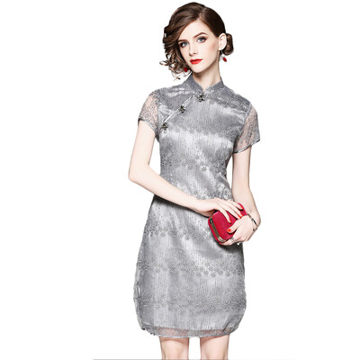 

QUZIHUA 2018 New Summer Lexury Gray Voile Lace A-Line Chinese Cheongsam Dress Style Knee-Length Mandarin Collar Women Dress