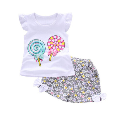 

2PCS Toddler Kids Baby Girls Outfits Lolly T-shirt TopsShort Pants Clothes Set